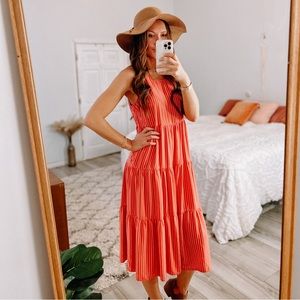 A New Day Coral White Striped Tiered Maxi Dress • Size Medium
